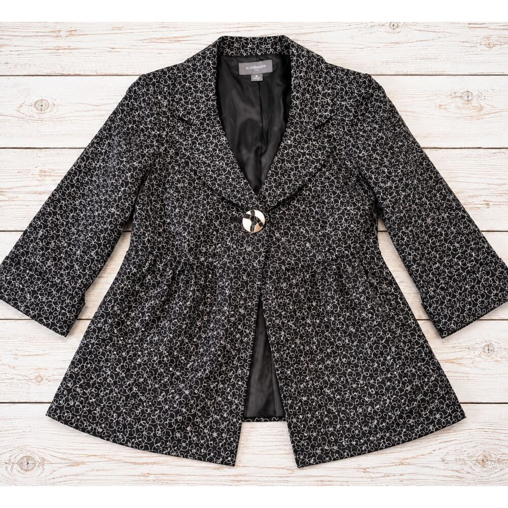 Liz Claiborne Black White Abstract Print Peplum Blazer Jacket Career Size 8 4905